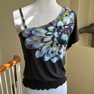 Floral Asymmetrical Black Top